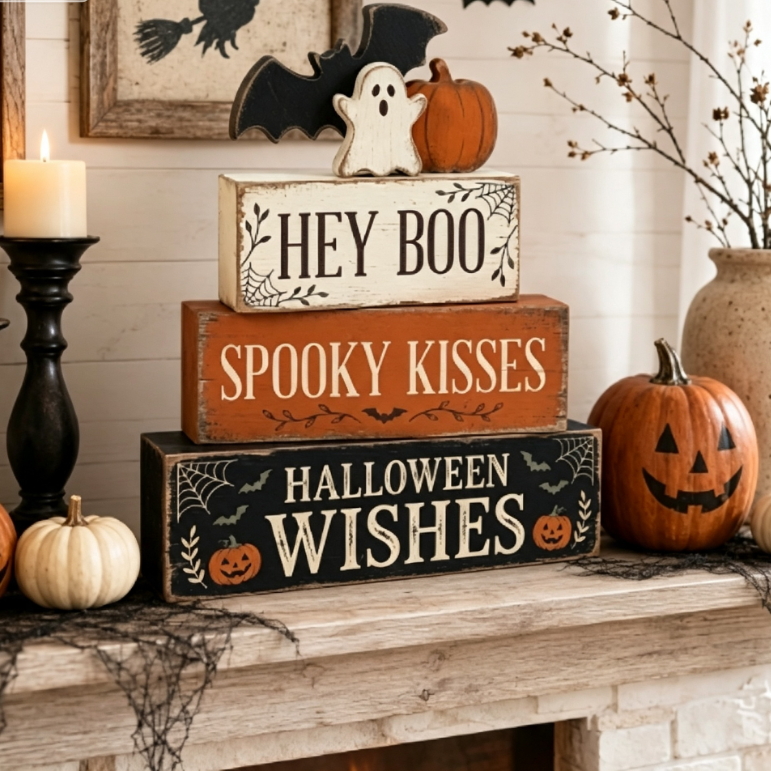 Halloween Ghost Bat Layered Wooden Tray Table Decor