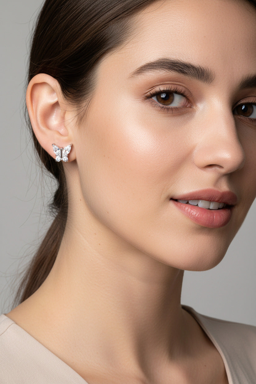 2 Pcs Butterfly Zircon Earring Steel Fashion Jewelry