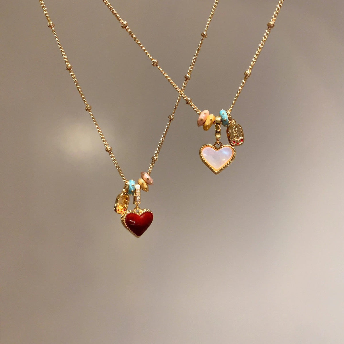 2 Pack Enamel Heart Pendant Necklace in Gold-Tone Titanium Steel