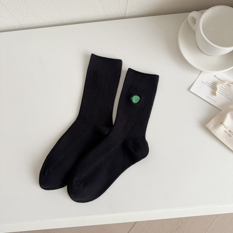 Solid Color Cute Funny Expression Double Needle Embroidered Women's Mid-tube Socks Vertical Combed Cotton Simple Breathable Sweat-absorbent Stockings