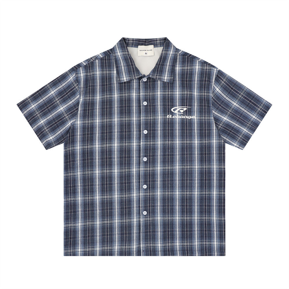 Mens Patchwork Plaid Short Sleeve Shirt in Red or Blue