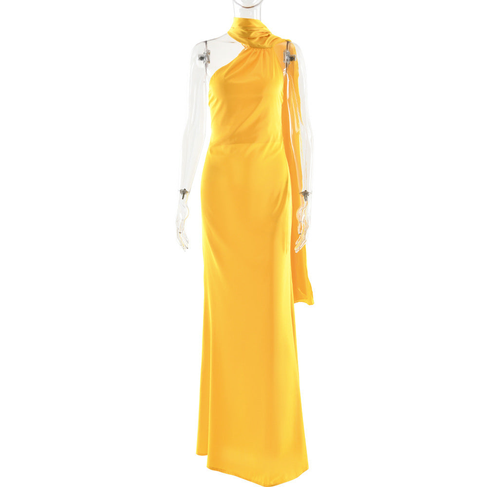 Single Shoulder Satin Slim Long Dress