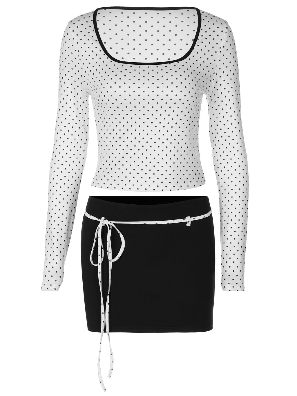 Long Sleeve Square Neck Polka Dot Top and Bodycon Skirt Set
