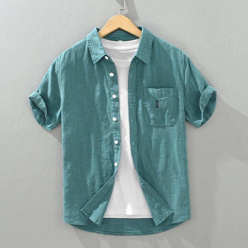 Men's Casual Ramie Blend Button-Up Shirt with Embroidery