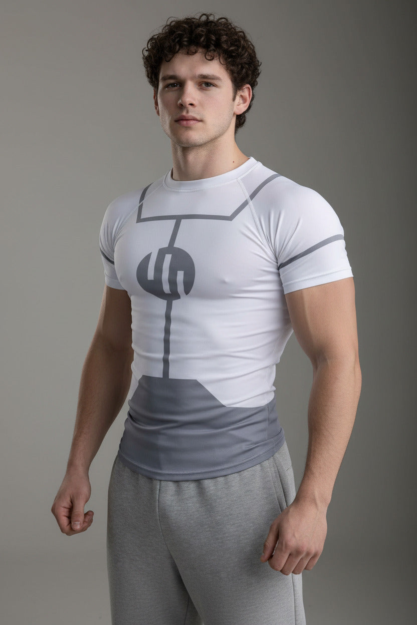 Man wearing a white t-shirt with a gray graphic design on a white background