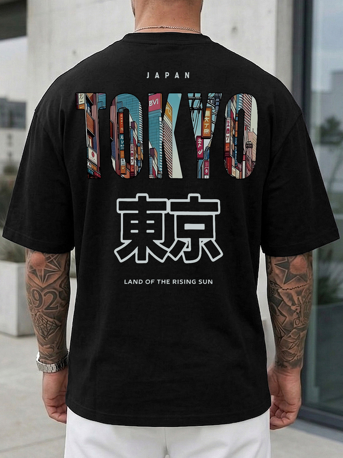 Cotton TOKYO T-shirt with Japanese Style Prints, Short Sleeve, Round Neck