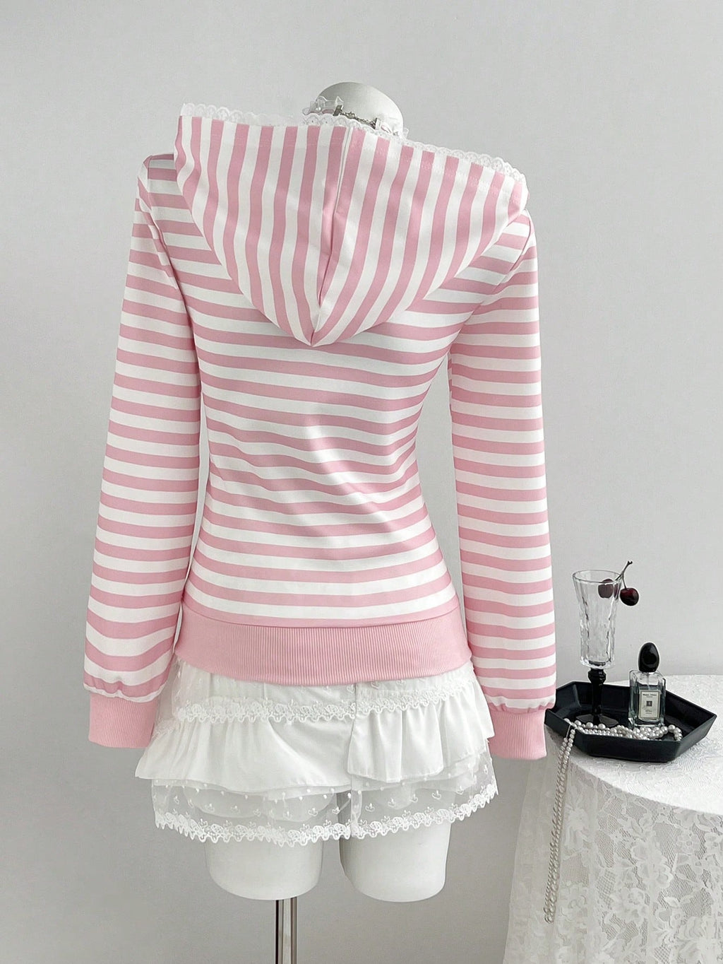 Pure Desire Powder White Striped Hooded Sweatshirt