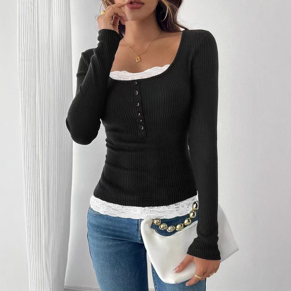 Square collar stitching lace single-breasted slim-fit long sleeves