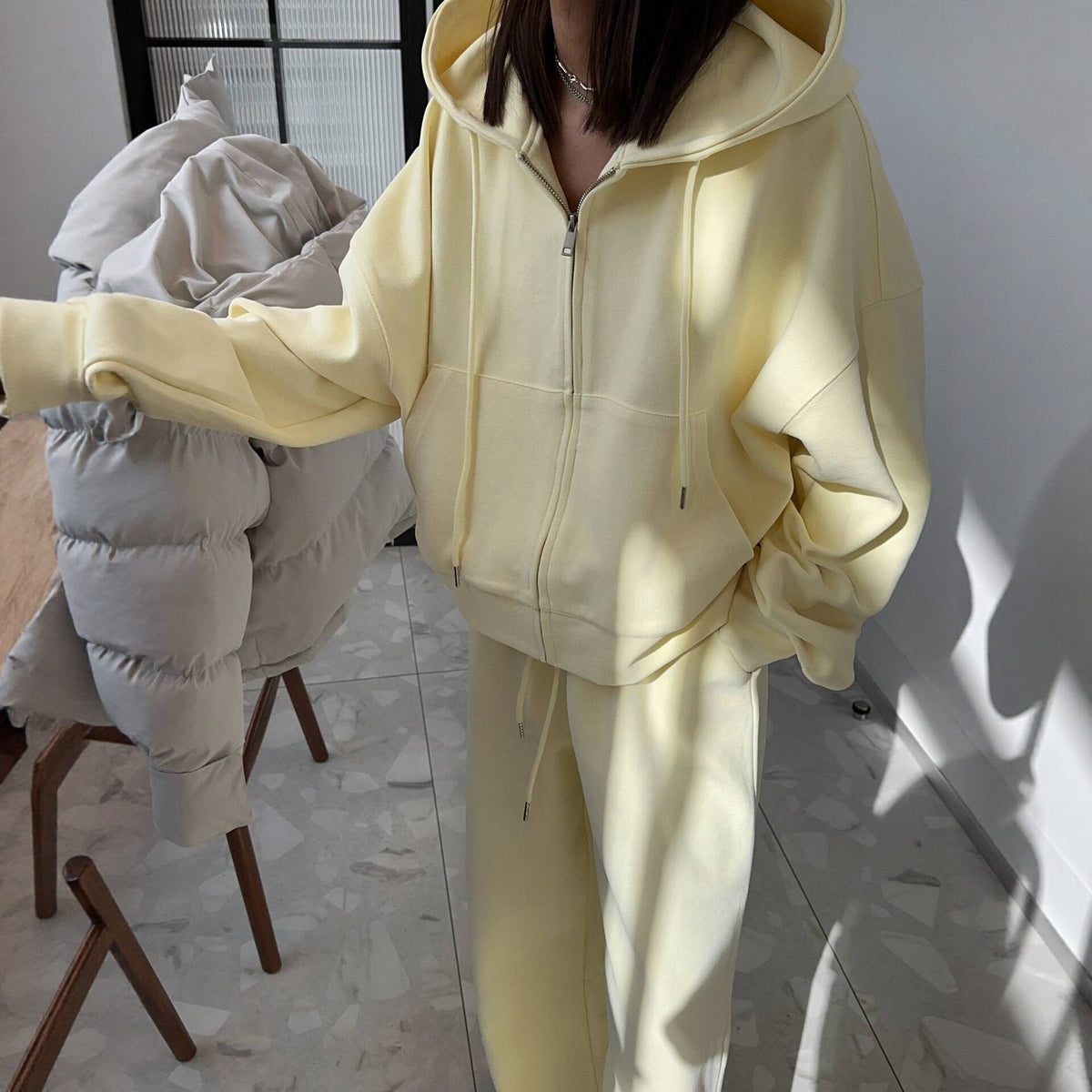 Women's loose-fitting hooded zipper pullover set