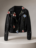 Embroidered Rivet Leather Jacket in Slim Fit