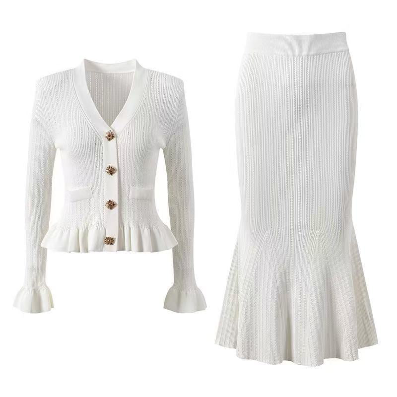 Women's Knitted V-Neck Cardigan and Fishtail Skirt Set