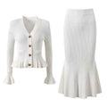 Women's Knitted V-Neck Cardigan and Fishtail Skirt Set