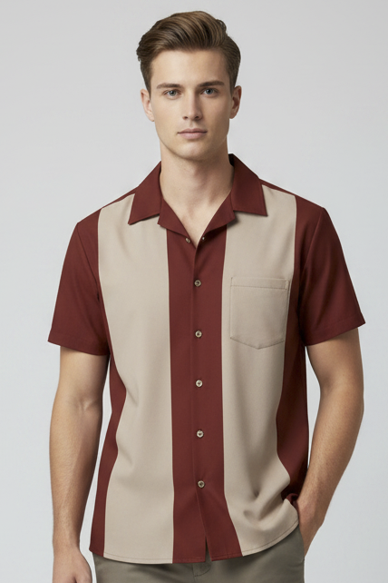 A short-sleeve button-up shirt with vertical stripes in deep red and beige, hanging on a wooden hanger with the brand name 'FRANKEN' visible.