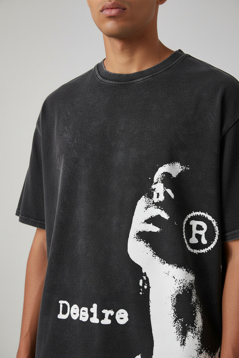Black t-shirt with white graphic design and text on a white background