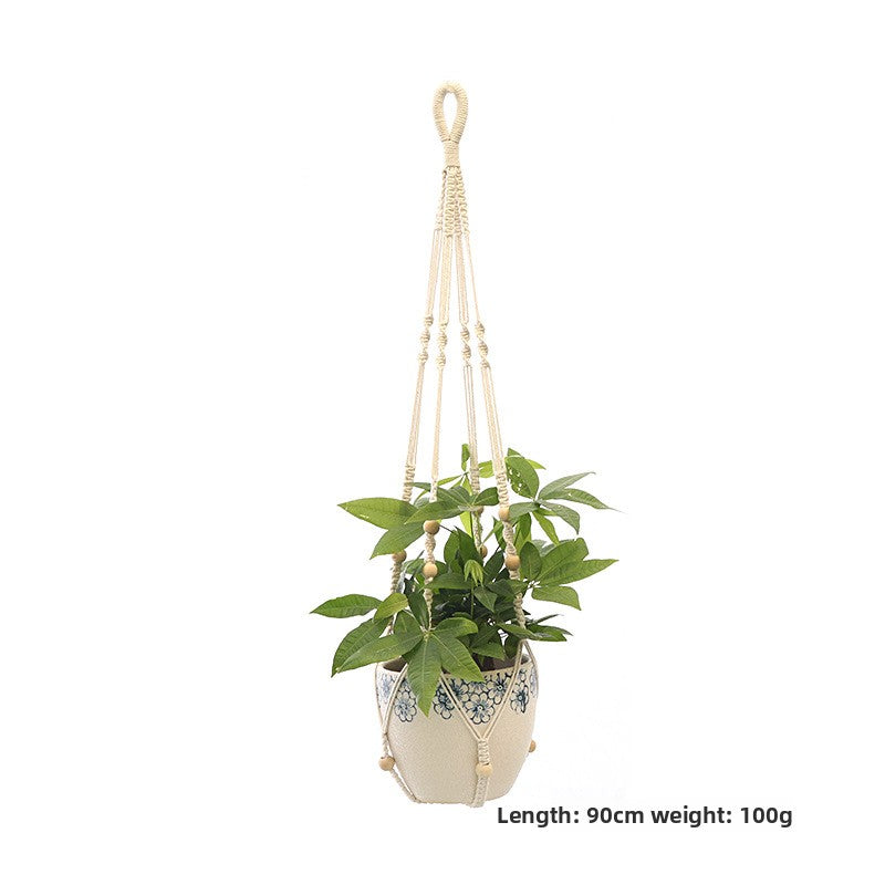 Handwoven Cotton Hanging Plant Basket with Decorative Accents