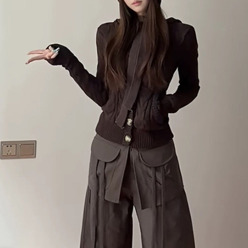 Retro Button Twist Brown Sweater Jacket