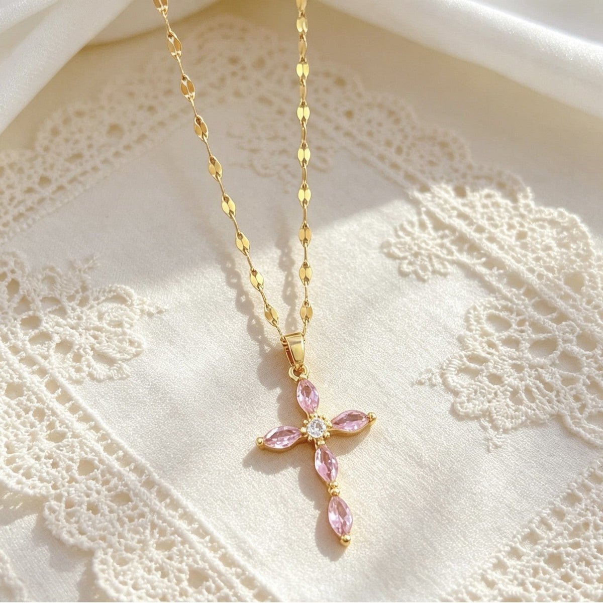 Crystal Cross Pendant Necklace in Gold-Tone Titanium