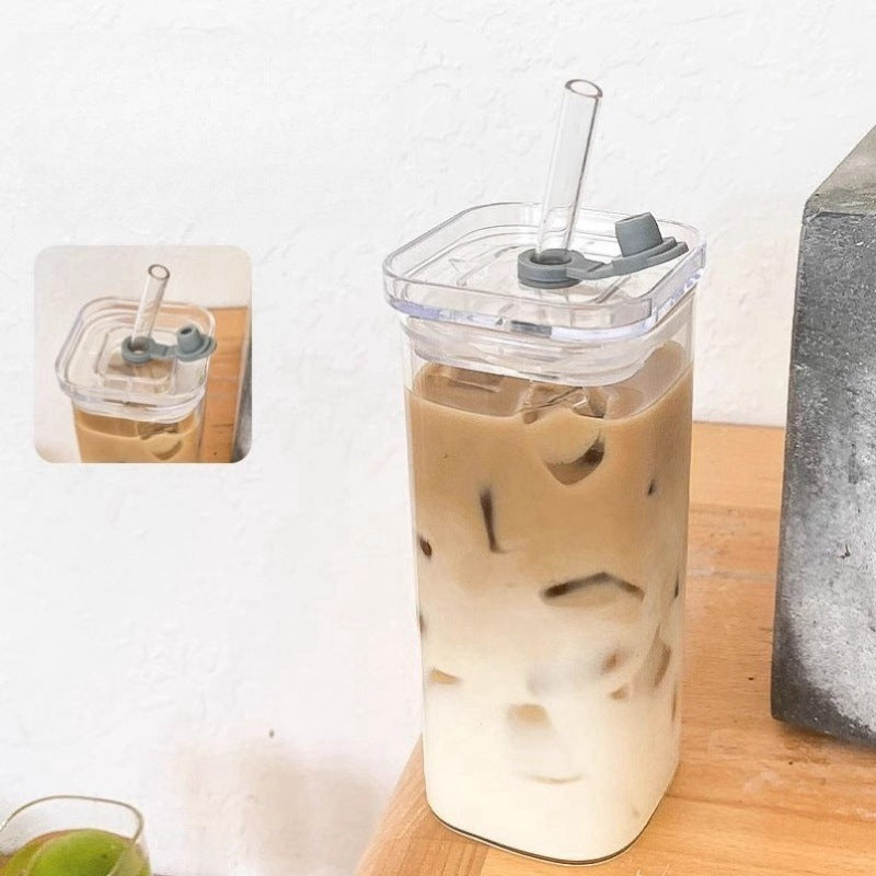 Square Glass Cup with Lid and Straw