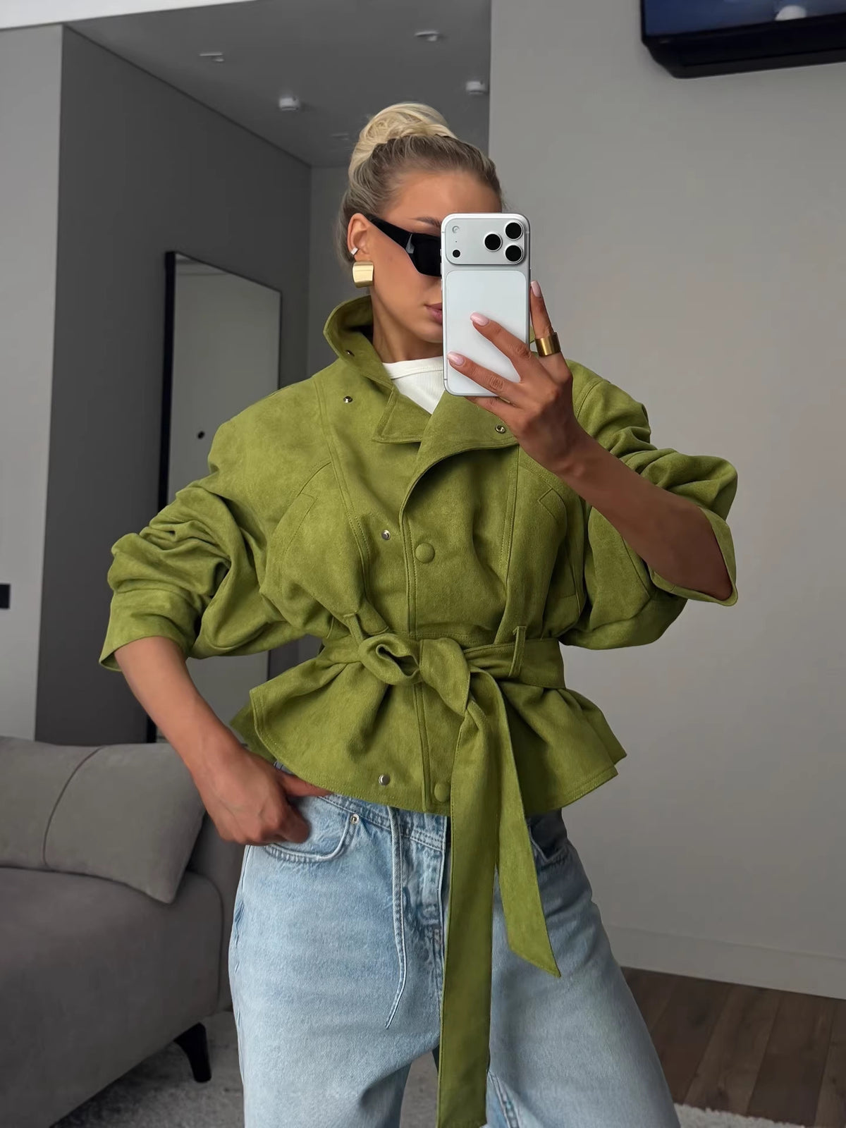 Women's Faux Suede Motorcycle Jacket with Lapel Collar