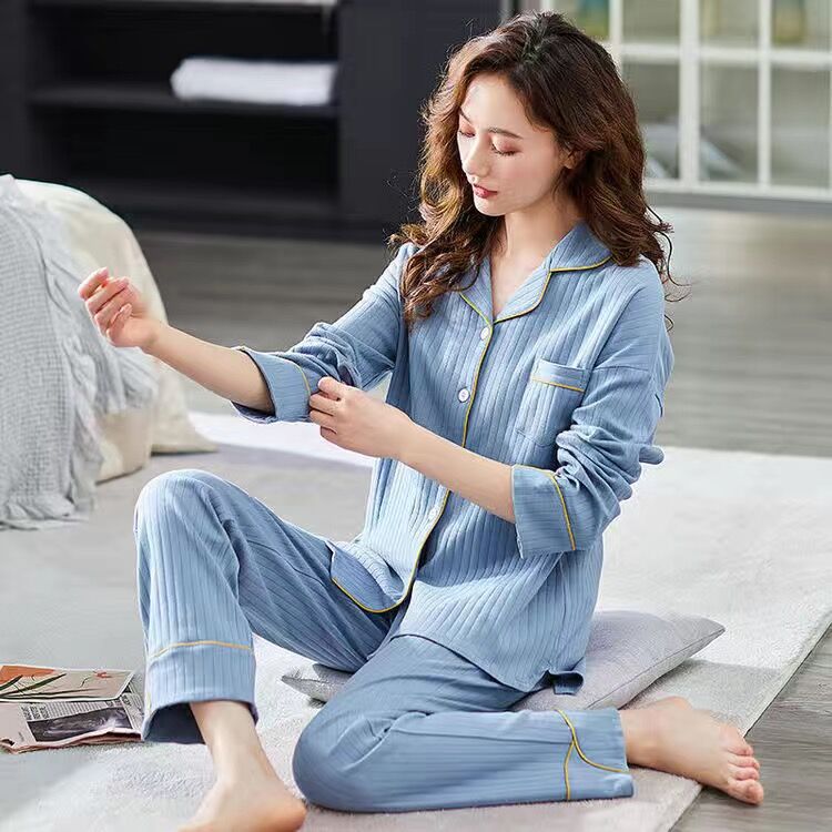 Womens Cotton Cardigan Pajama Long Sleeve Two-Piece Loungewear