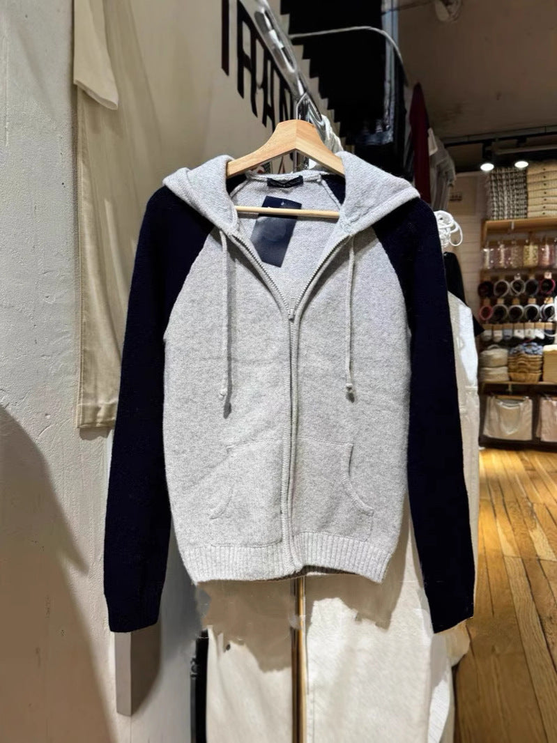 Women's multi-color shoulder-sleeved zipper hooded knitted cardigan sweater