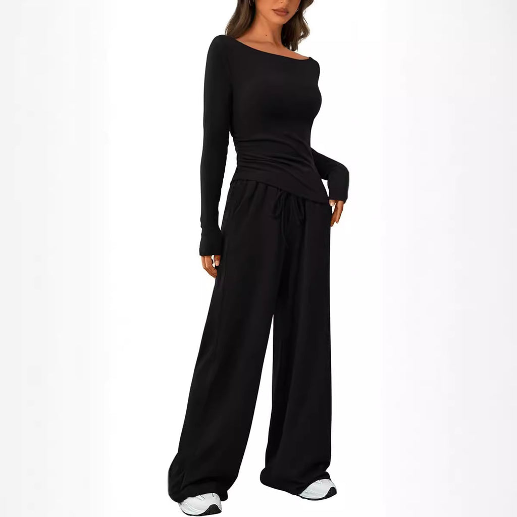 Women Asymmetric Long Sleeve T-Shirt and Wide Leg Pants Set