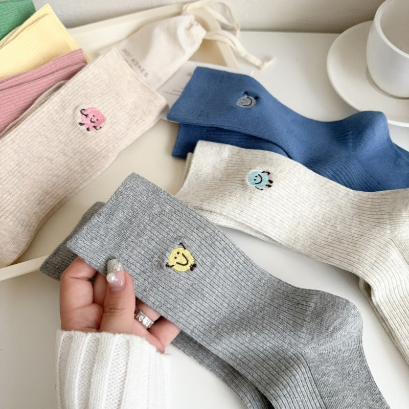 Solid Color Cute Funny Expression Double Needle Embroidered Women's Mid-tube Socks Vertical Combed Cotton Simple Breathable Sweat-absorbent Stockings
