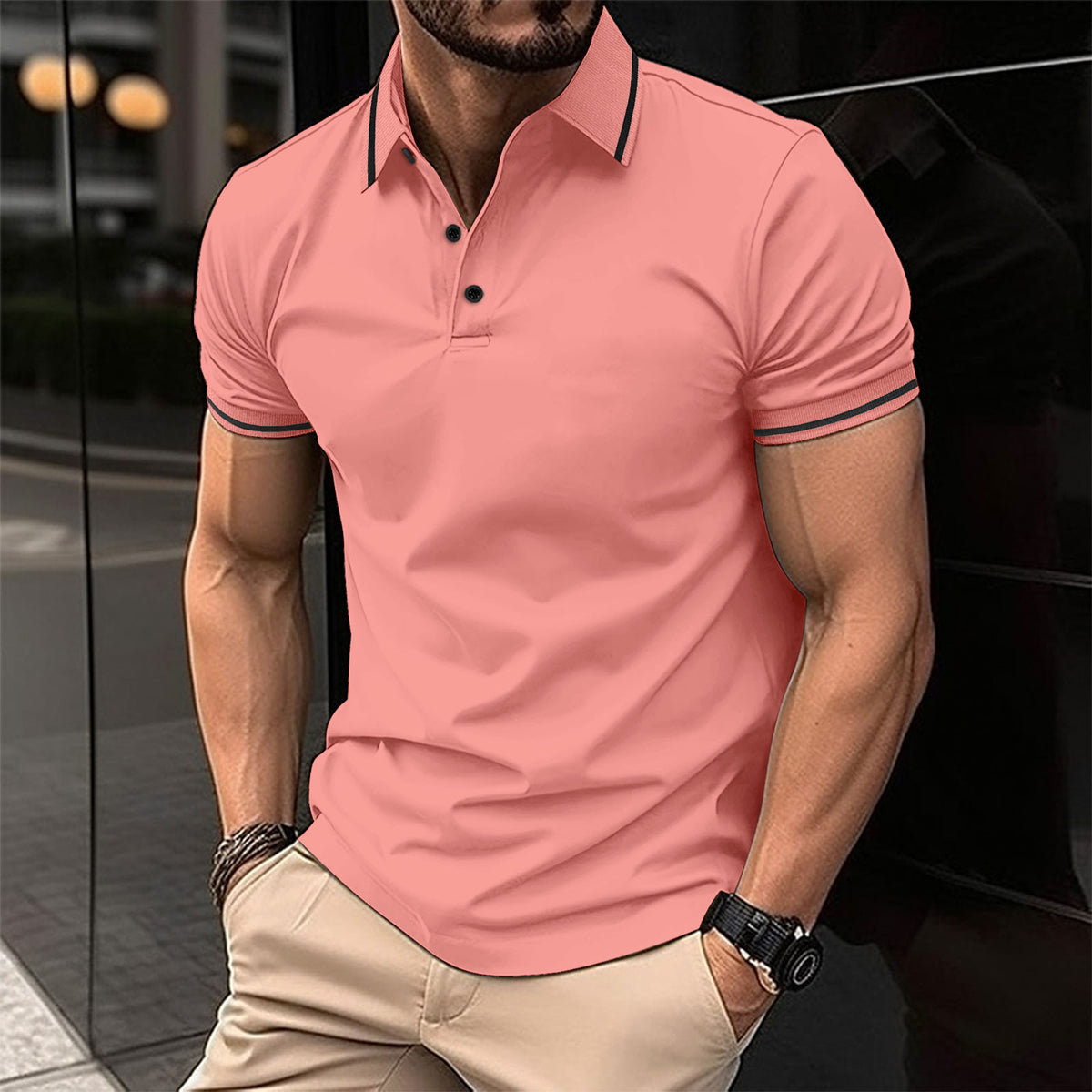 men's button rib collar sports polo shirt