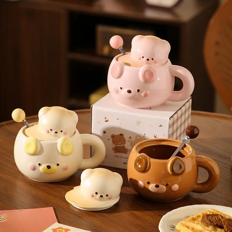 Ceramic Bear Mug with Lid and Spoon Set