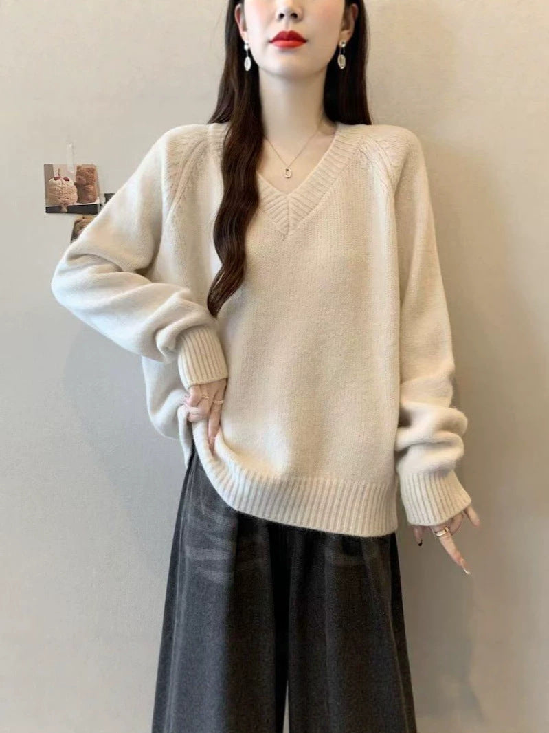 V-neck loose casual long-sleeved knitted sweater
