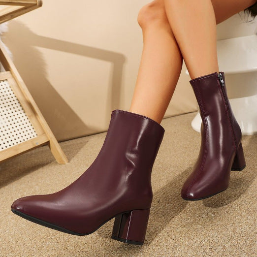 Pointed Toe Women Boots Side Zipper Chunky Heel