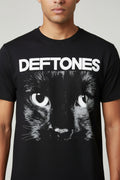 Black t-shirt with a cat graphic and 'Deftones' text on a white background