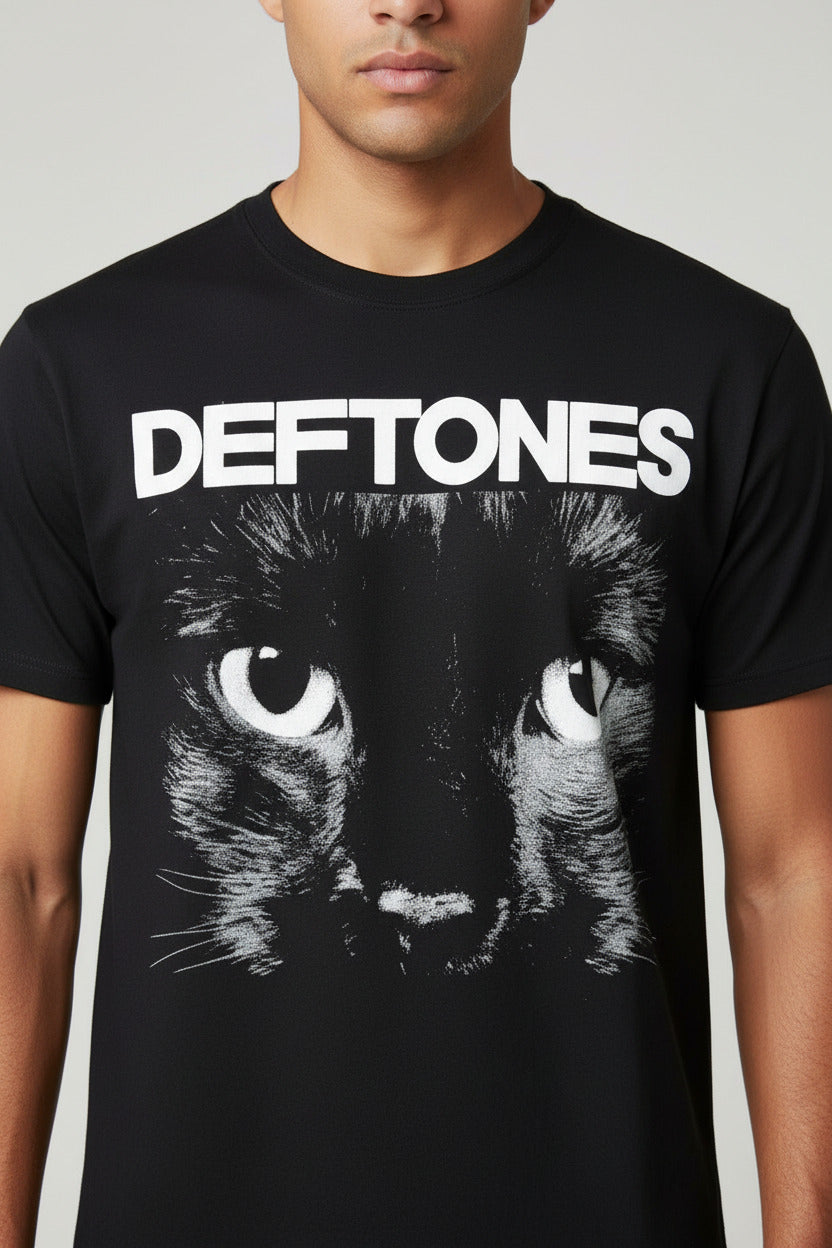 Black t-shirt with a cat graphic and 'Deftones' text on a white background