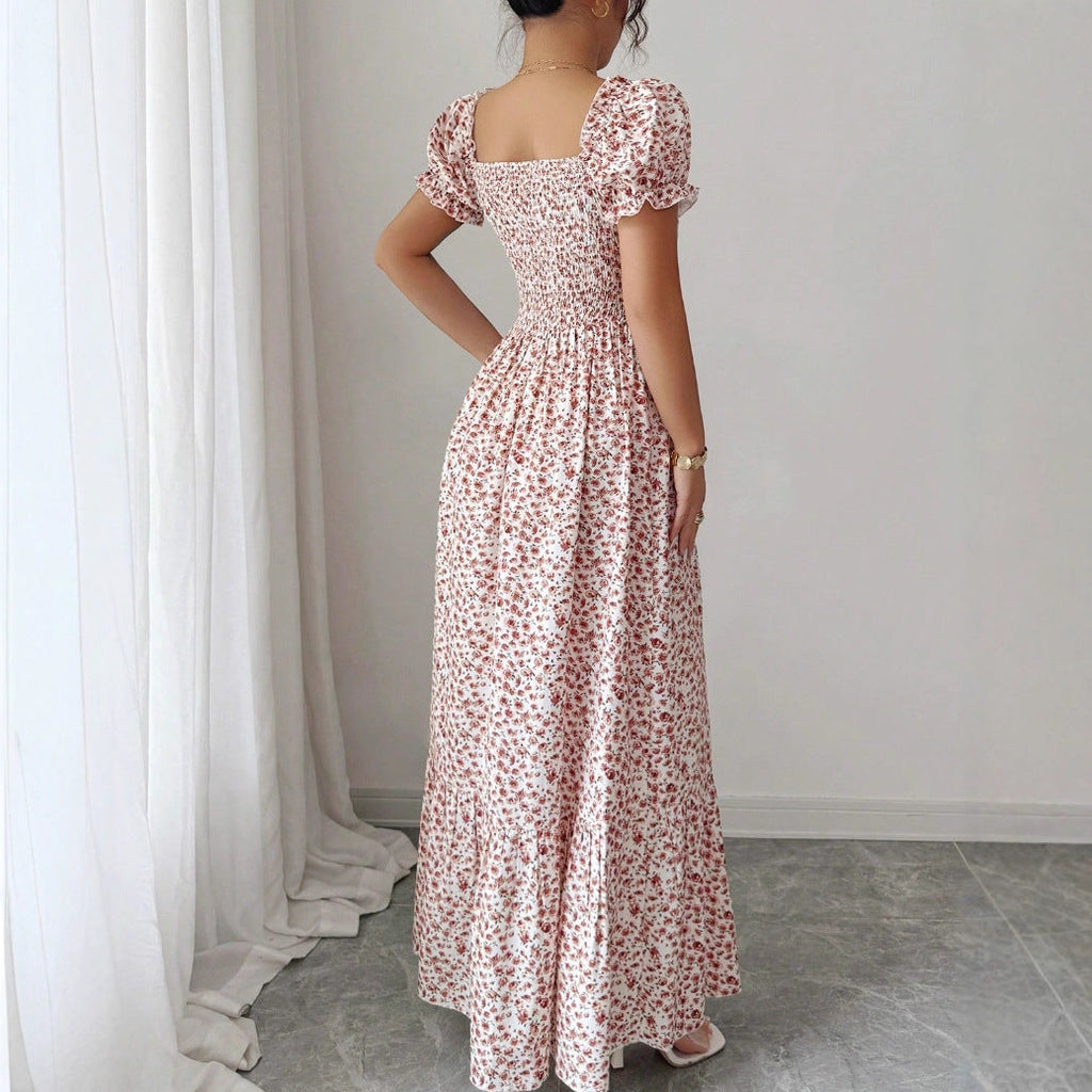 Floral Midi Dress with Square Neck and A-Line Silhouette
