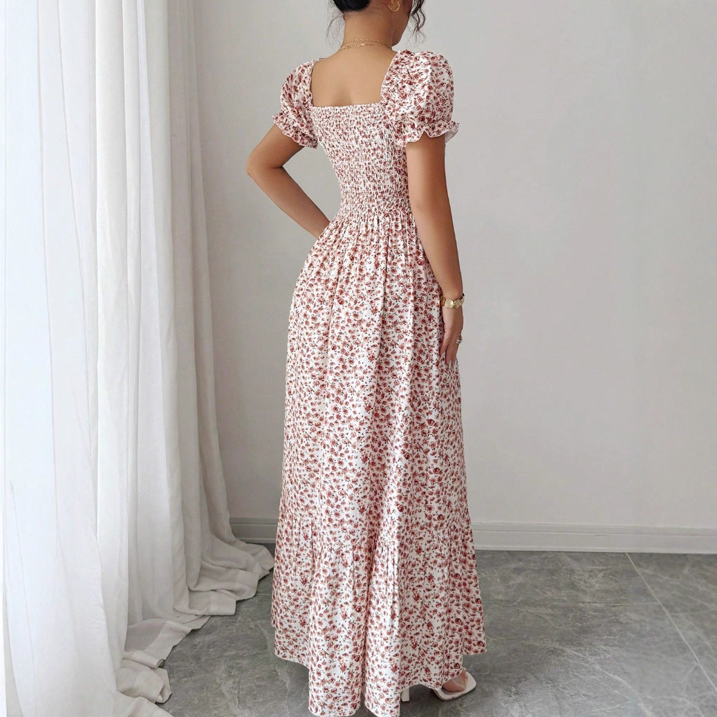 Floral Midi Dress with Square Neck and A-Line Silhouette
