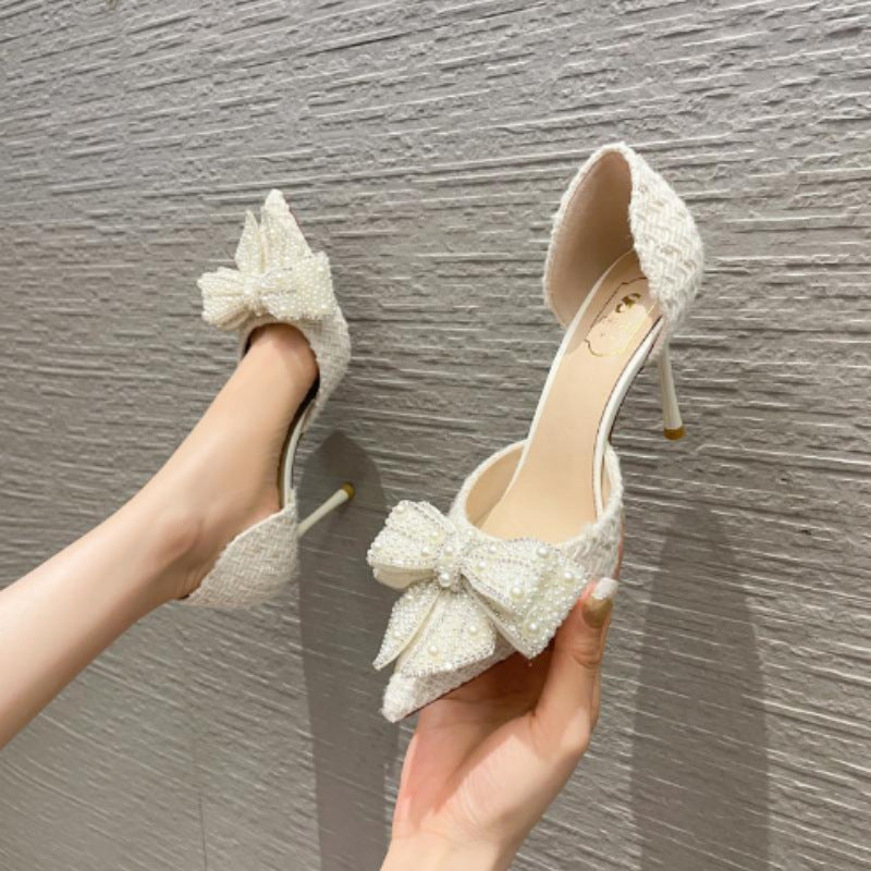 Womens Bow Rhinestone Stiletto Heel Sandals