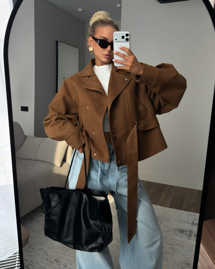 Women's Faux Suede Motorcycle Jacket with Lapel Collar