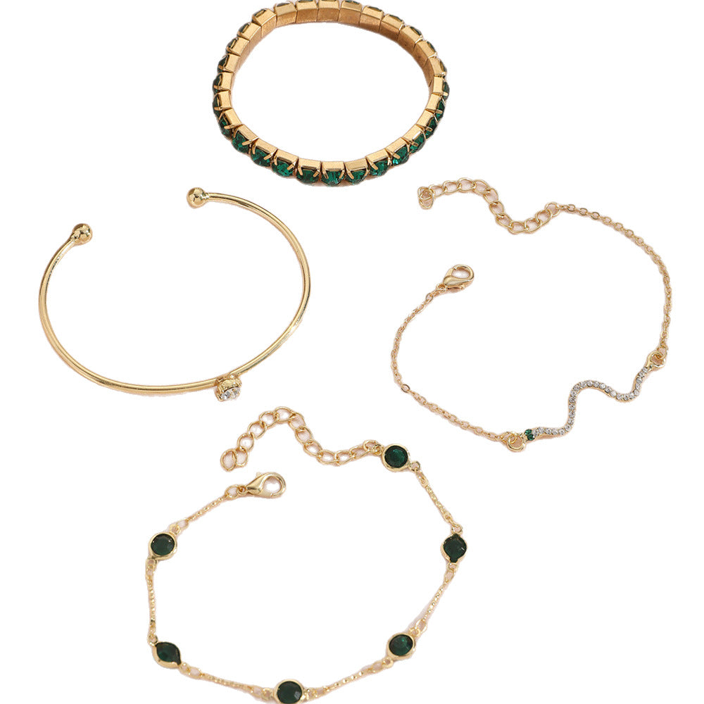 Green Emerald Diamond Elastic Bracelet Set for Women 4-Piece Snake Design Metal Bracelet