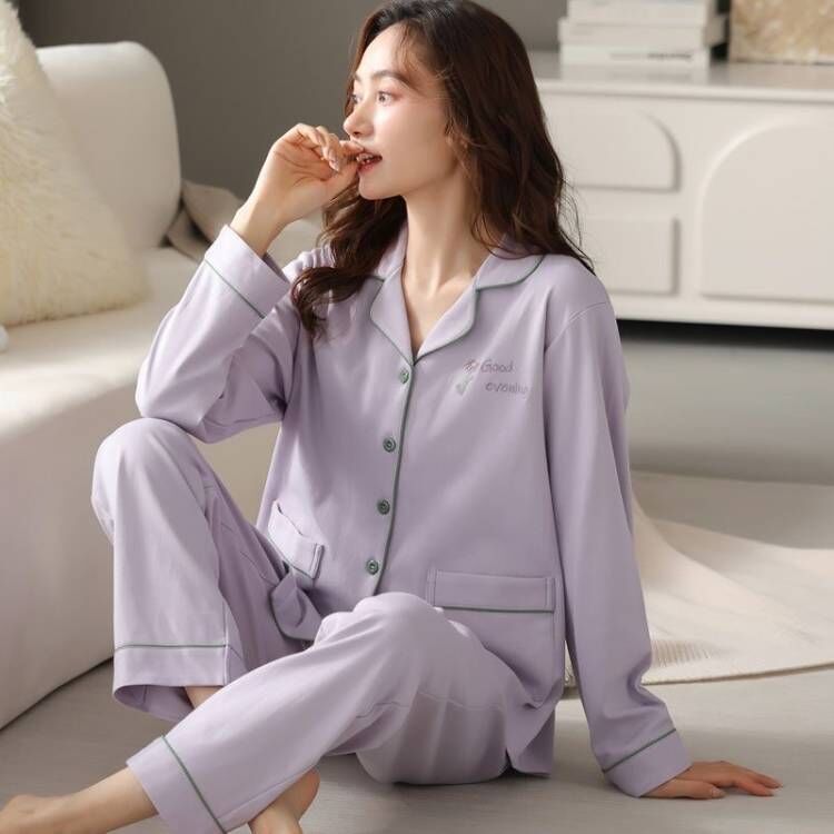 Womens Cotton Cardigan Pajama Long Sleeve Two-Piece Loungewear
