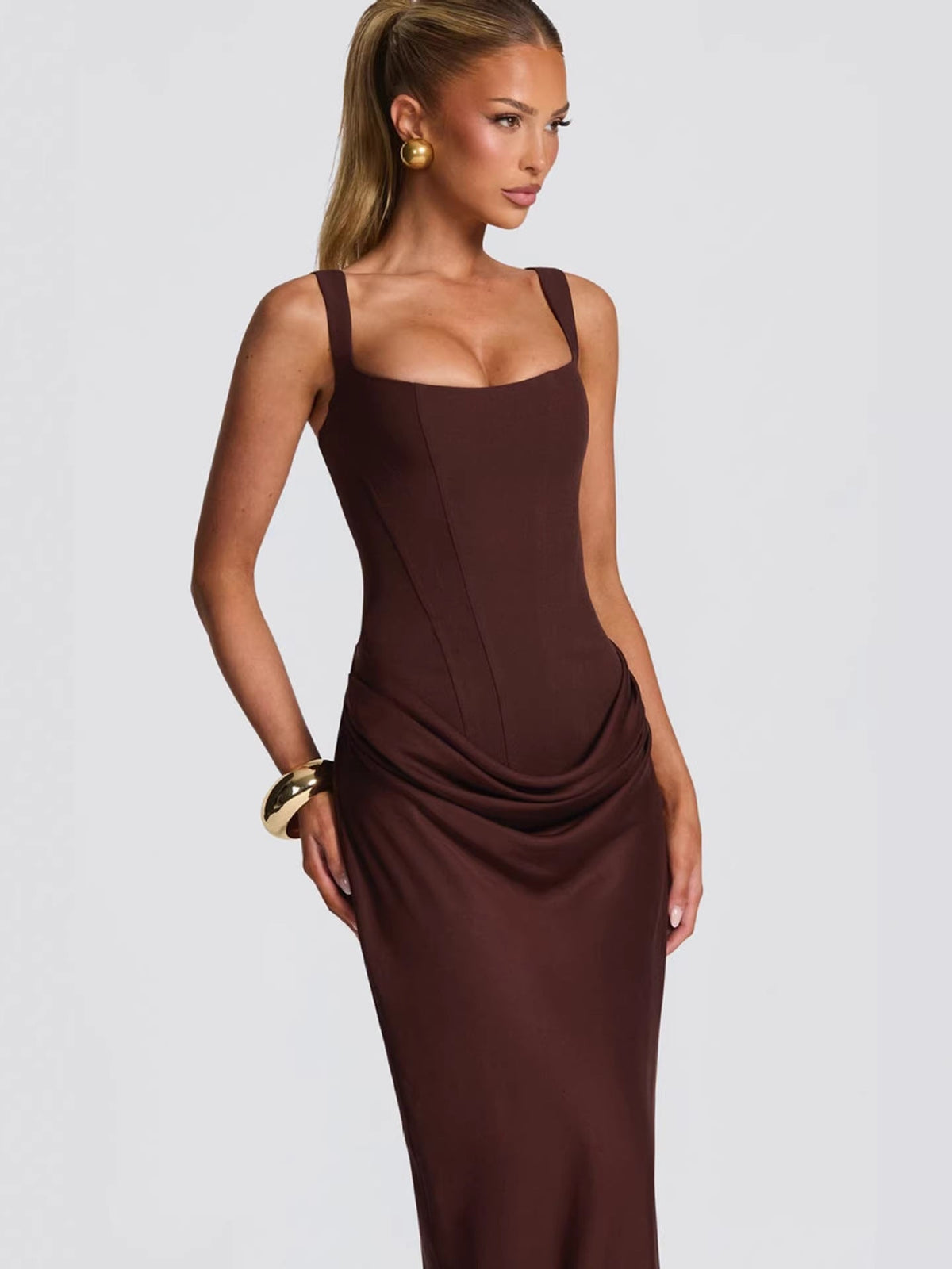 Sculpted Square-Neck Maxi Dress in Architectural Bodycon Silhouette