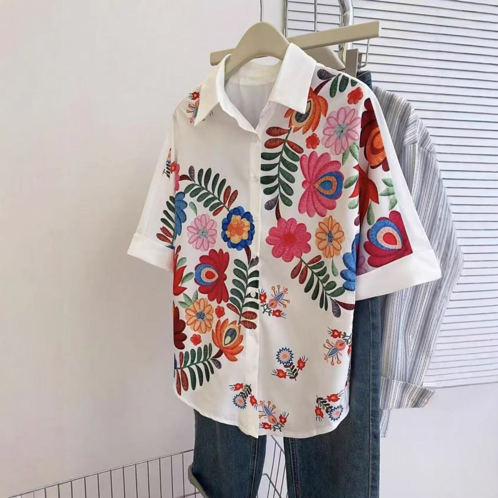 Loose Casual Print Short Sleeve Shirt with Floral Pattern
