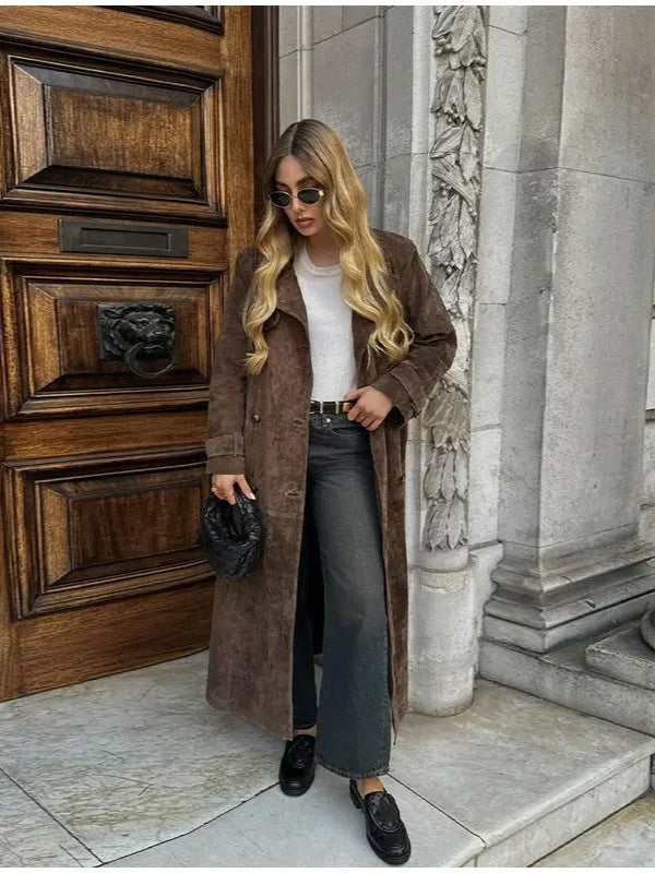 Retro Loose Long-Sleeved Belt Double-Breasted Windbreaker Jacket