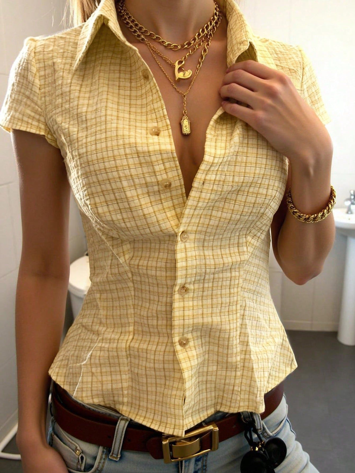 Womens Retro Plaid Short Sleeve Shirt