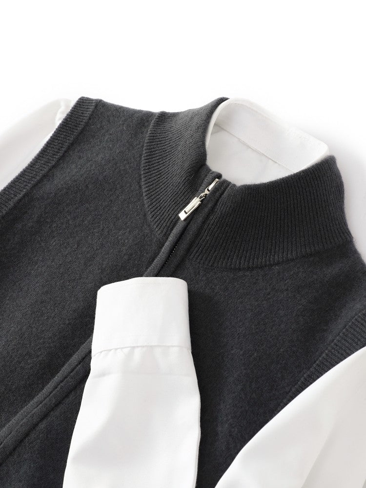 Mens Thickened Pure Wool Cardigan Half-High Collar Zipper Jacket