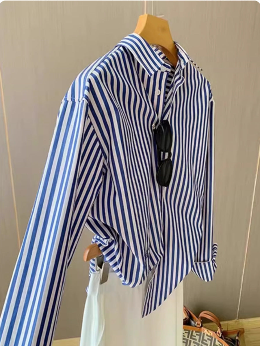 Blue and White Striped Shirt with Collaged Design