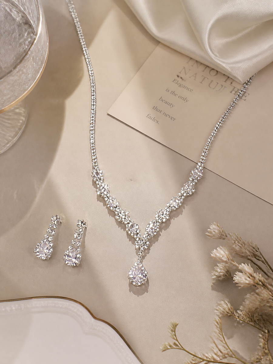 Crystalline Teardrop Necklace and Earring Jewelry Set
