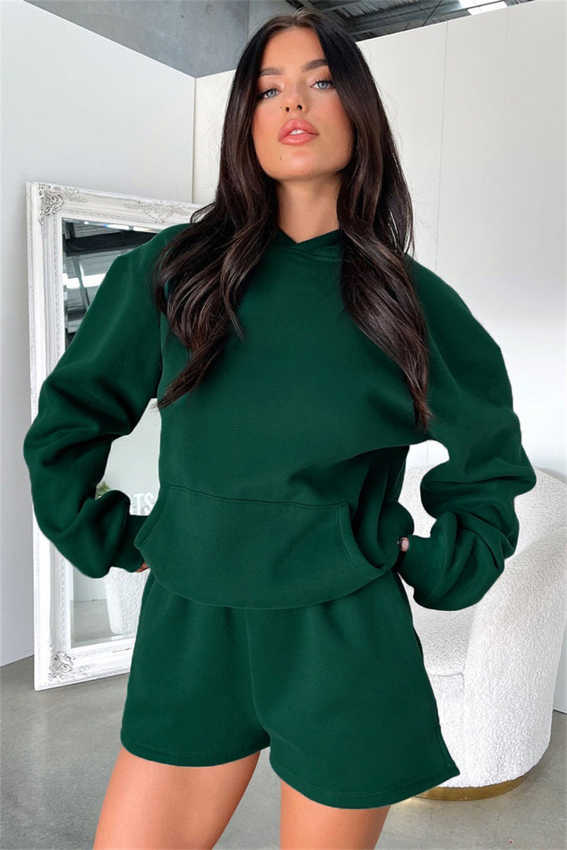 Solid-color hoodie and short-pant set