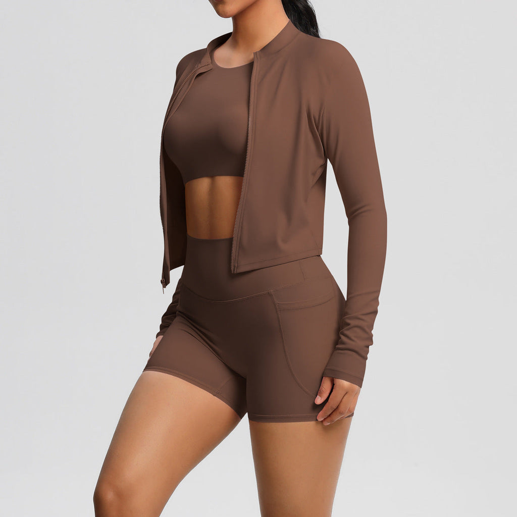 Three-Piece Yoga Set: Cropped Jacket, Sports Bra, and Pocket Shorts