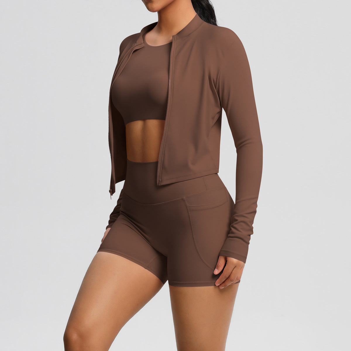 Three-Piece Yoga Set: Cropped Jacket, Sports Bra, and Pocket Shorts