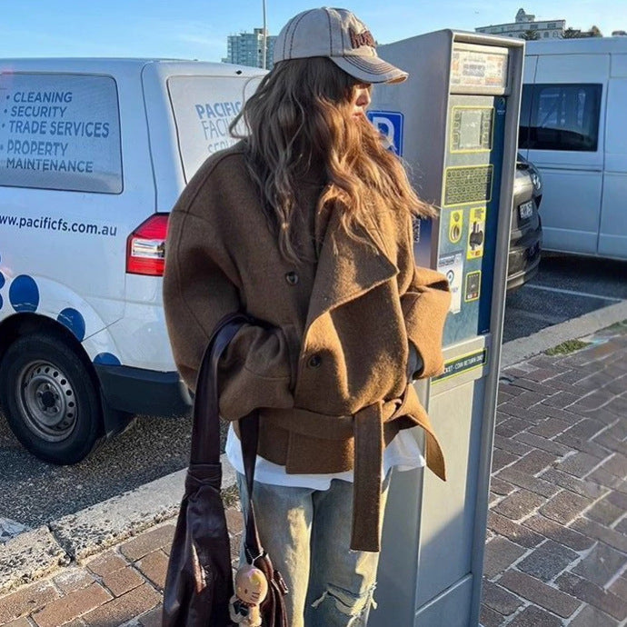 Womens Short Woolen Coat Stand-up Collar Belted Petite Coat